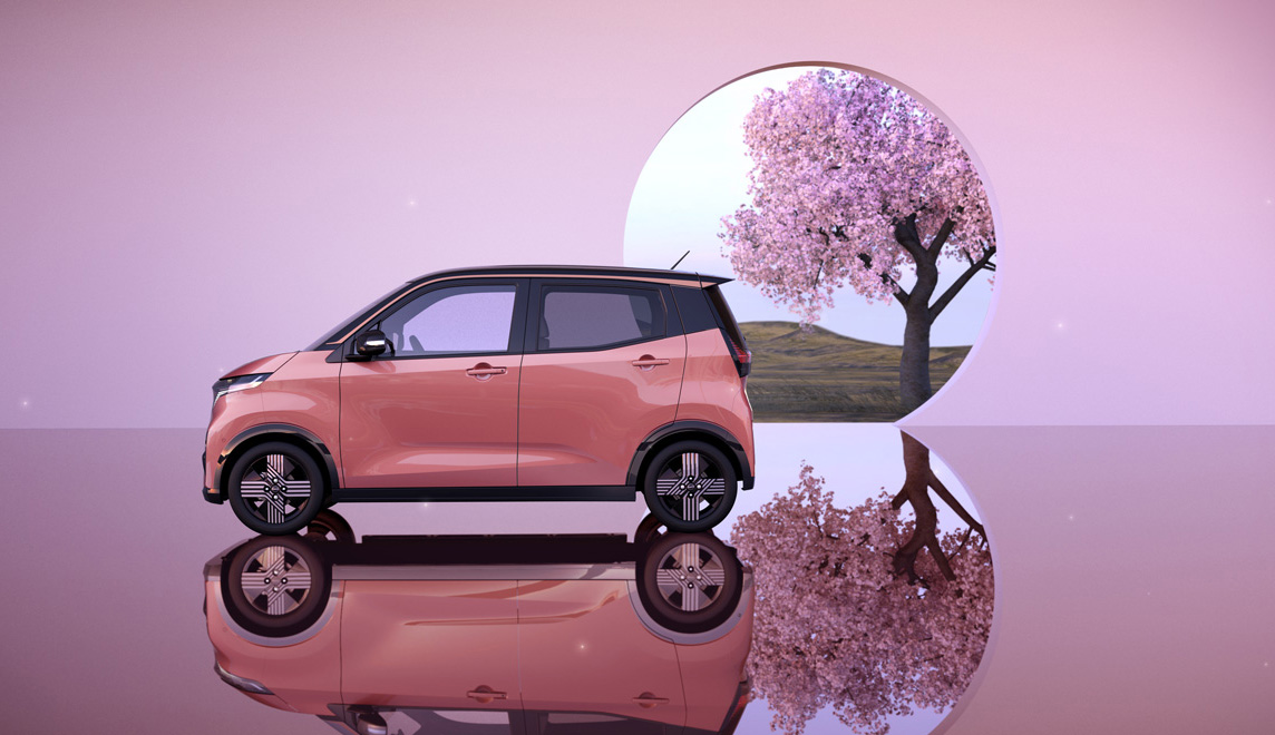 ピンク色の初期型日産サクラ側面デザイン資料